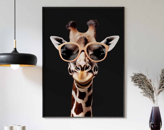 Chic Giraffe in Peach Sunglasses Portrait on Black Background Poster