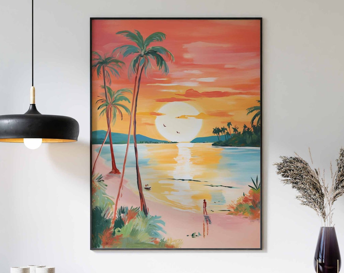 Big Sun Setting Over a Bay with Palm Trees and a Beach Walker Poster