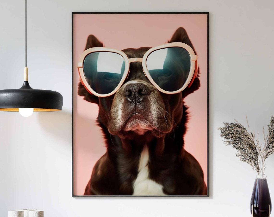 Brown Dog Wearing Oversized Cream Sunglasses on Pink Background Poster