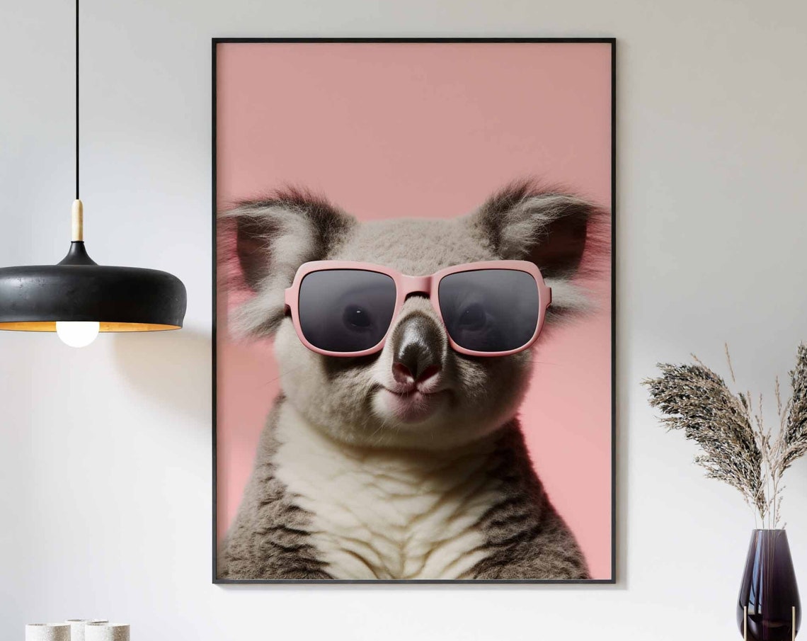 Cute Koala Wearing Pink Sunglasses on a Pink Background Poster