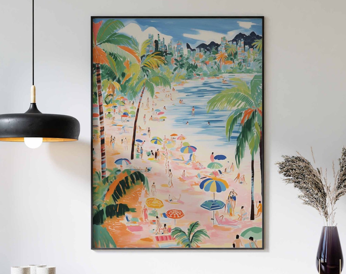 Palm Framed Beach Umbrellas Mountain Town Scene Seaside Poster