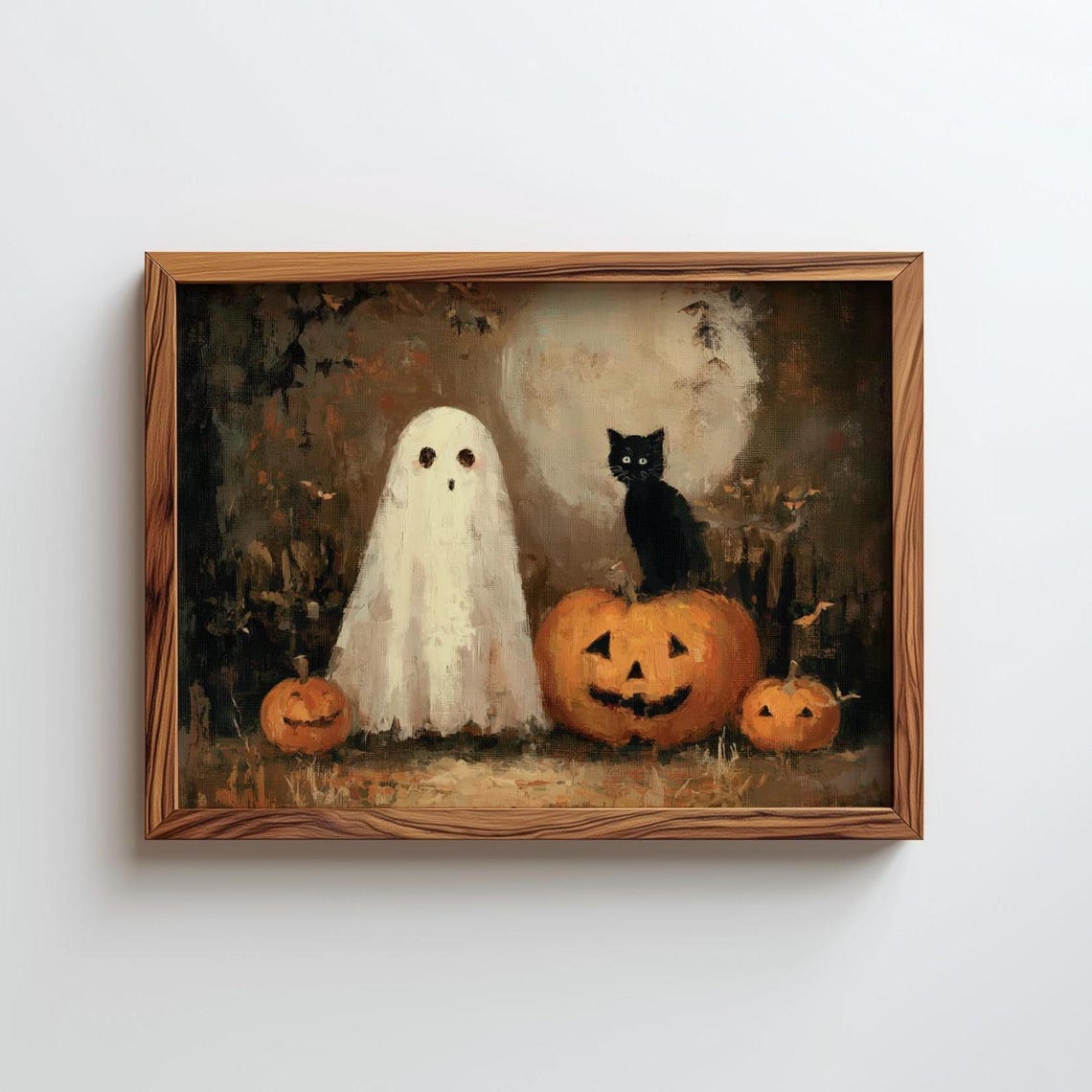 Spooky Ghost Black Cat Pumpkins Under Full Moon Halloween Art Poster