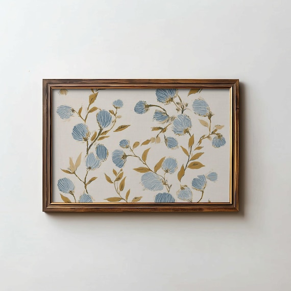 Blue Floral Tapestry Vintage Blue Green Cottagecore Botanical Poster