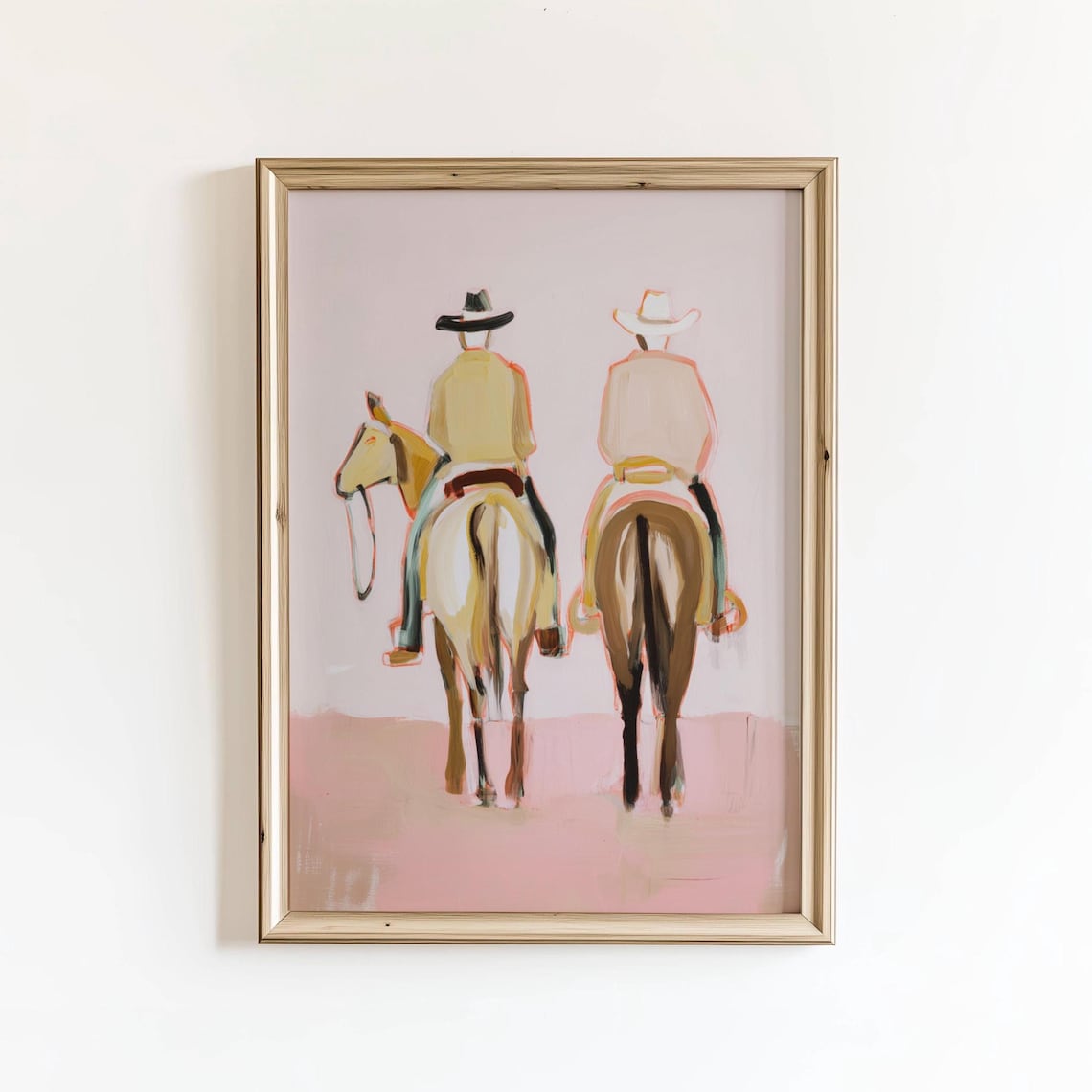 Two Cowboys Riding Horses Minimalist Pink Western Desert Duo Art Poster