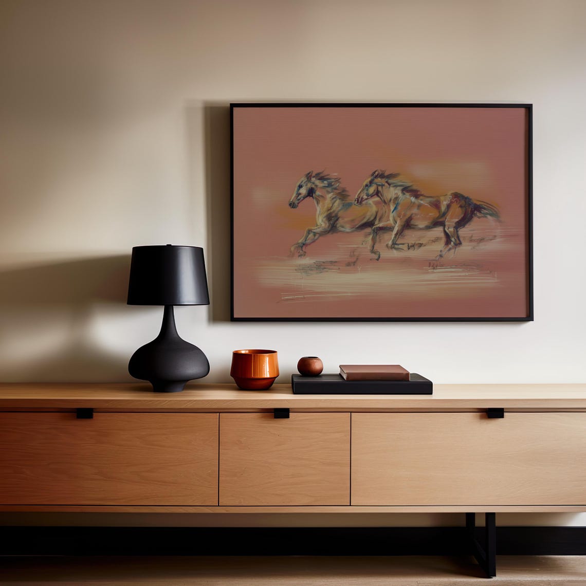 Two Galloping Horses Oil Painting Dusty Rose Modern Equine Wall Art
