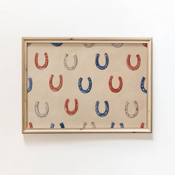 Red White Blue Horseshoe Pattern Painting Patriotic Western Lucky Wall Art