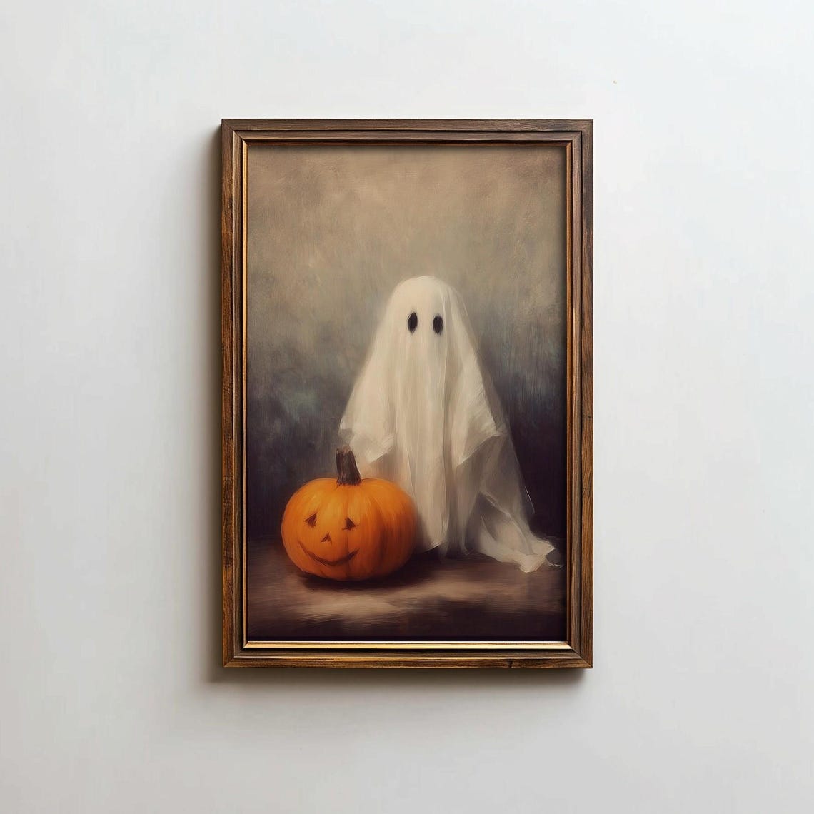 Cute Sheet Ghost with Jack O Lantern Moody Halloween Art Poster