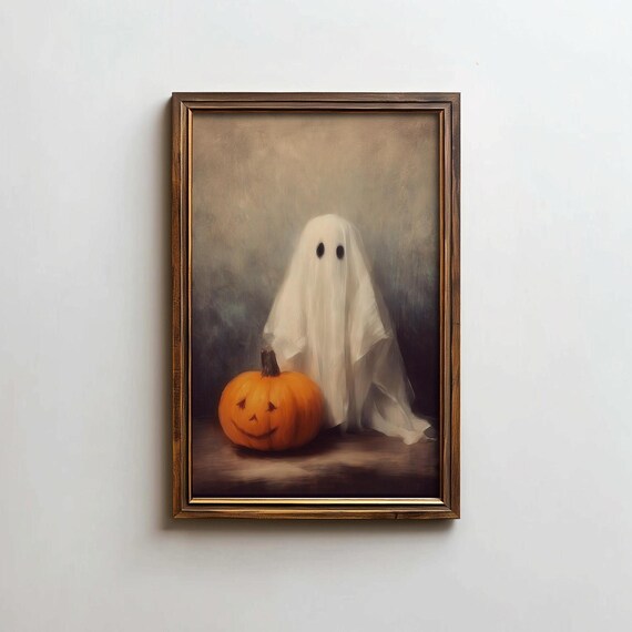 Cute Sheet Ghost with Jack O Lantern Moody Halloween Art Poster