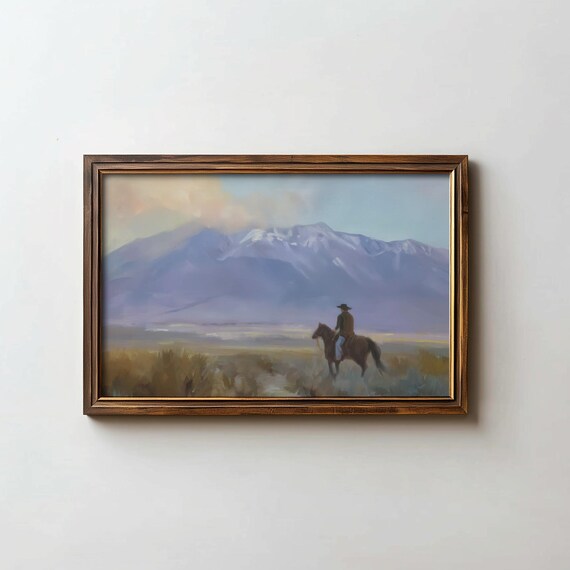 Western Cowboy Landscape Print Mountain Rider Golden Painting Art