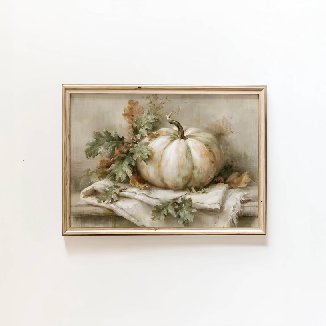 White Pumpkin Still Life Green Foliage Neutral Fall Art Poster