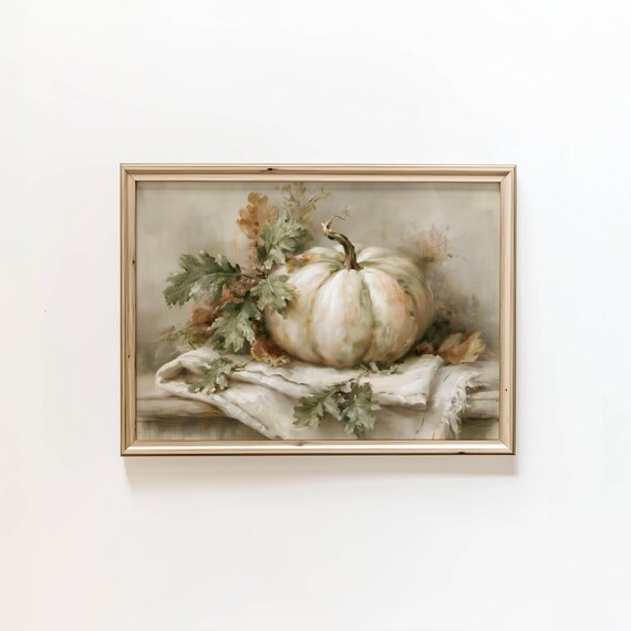 White Pumpkin Still Life Green Foliage Neutral Fall Art Poster