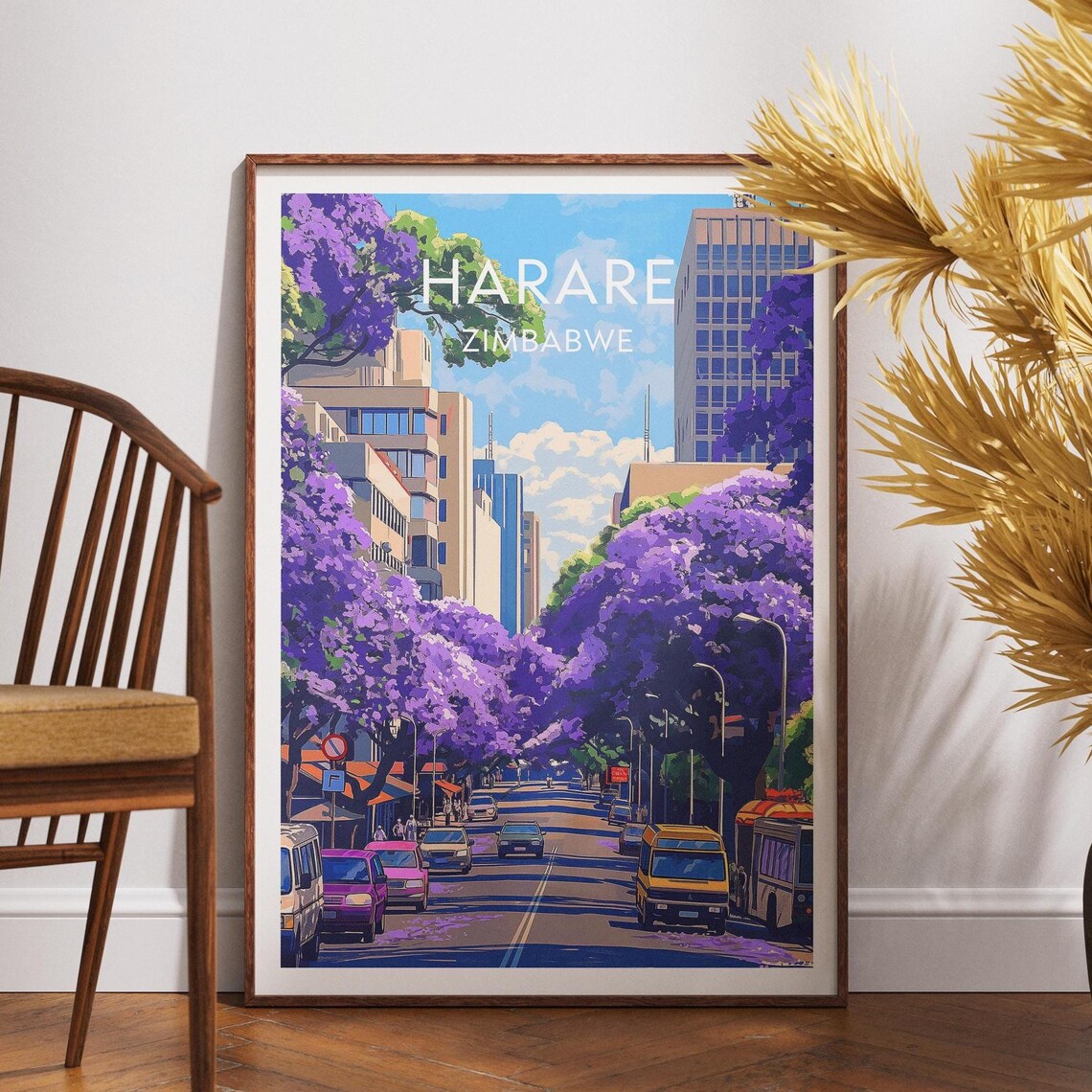 Harare Zimbabwe Jacaranda Bloom Street City Scene Africa Travel Poster