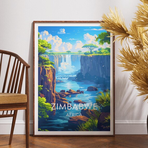 Zimbabwe Africa Majestic Waterfall Elephants River Scene Travel Poster
