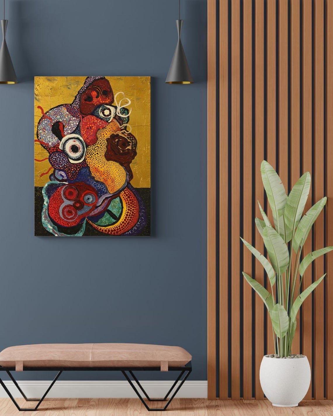 Psychedelic Dot Art Abstract with Organic Shapes on Gold Poster - Image 4