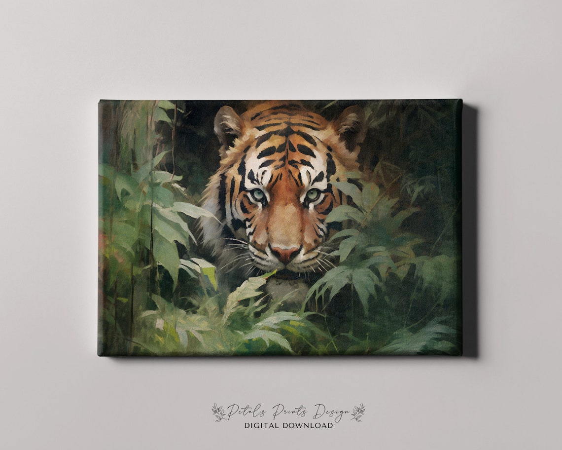 Majestic Tiger Face Jungle Leaves Painterly Wildlife Portrait Poster - Image 4
