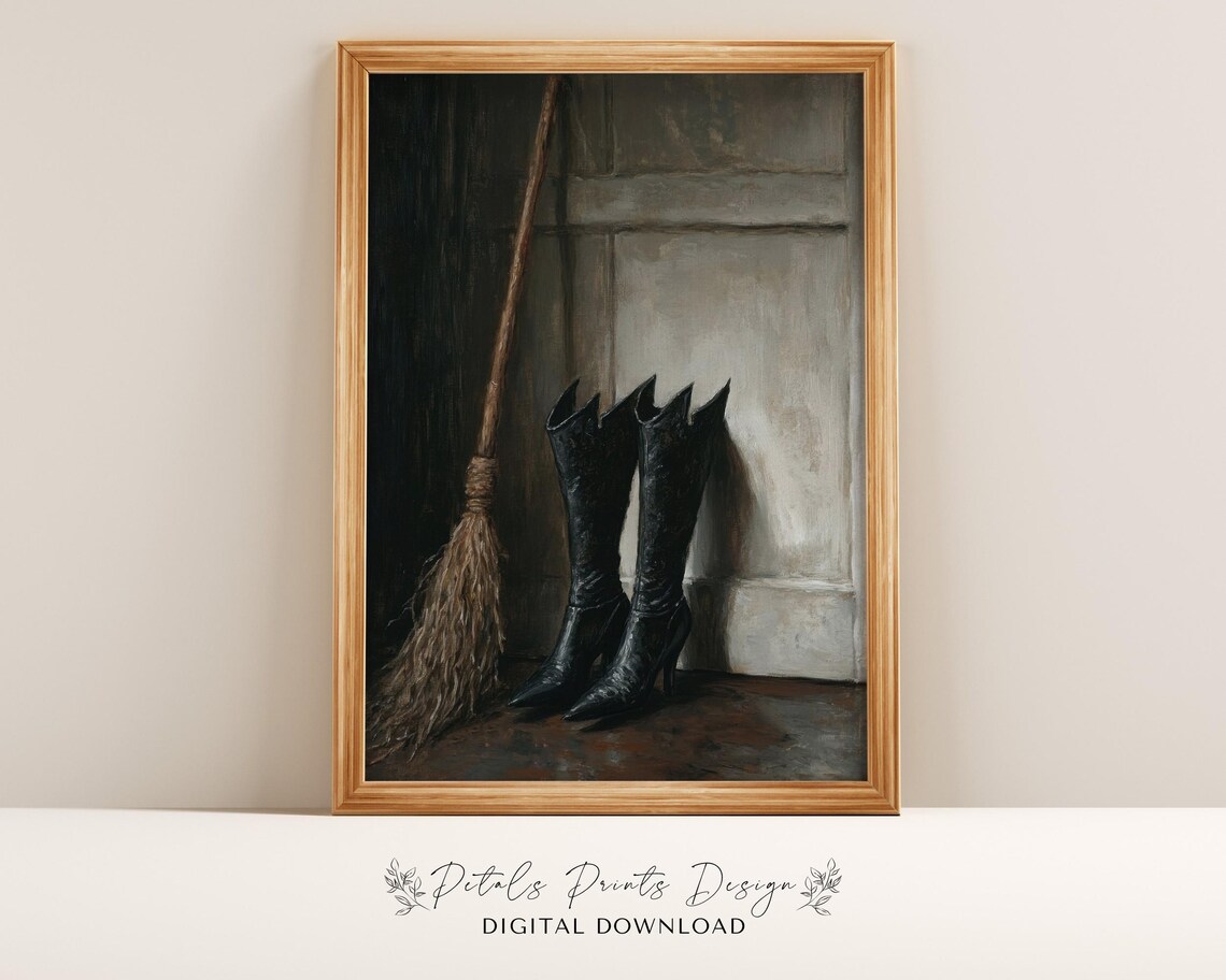 Witch Boots and Broomstick by Doorway Vintage Halloween Still Life Poster