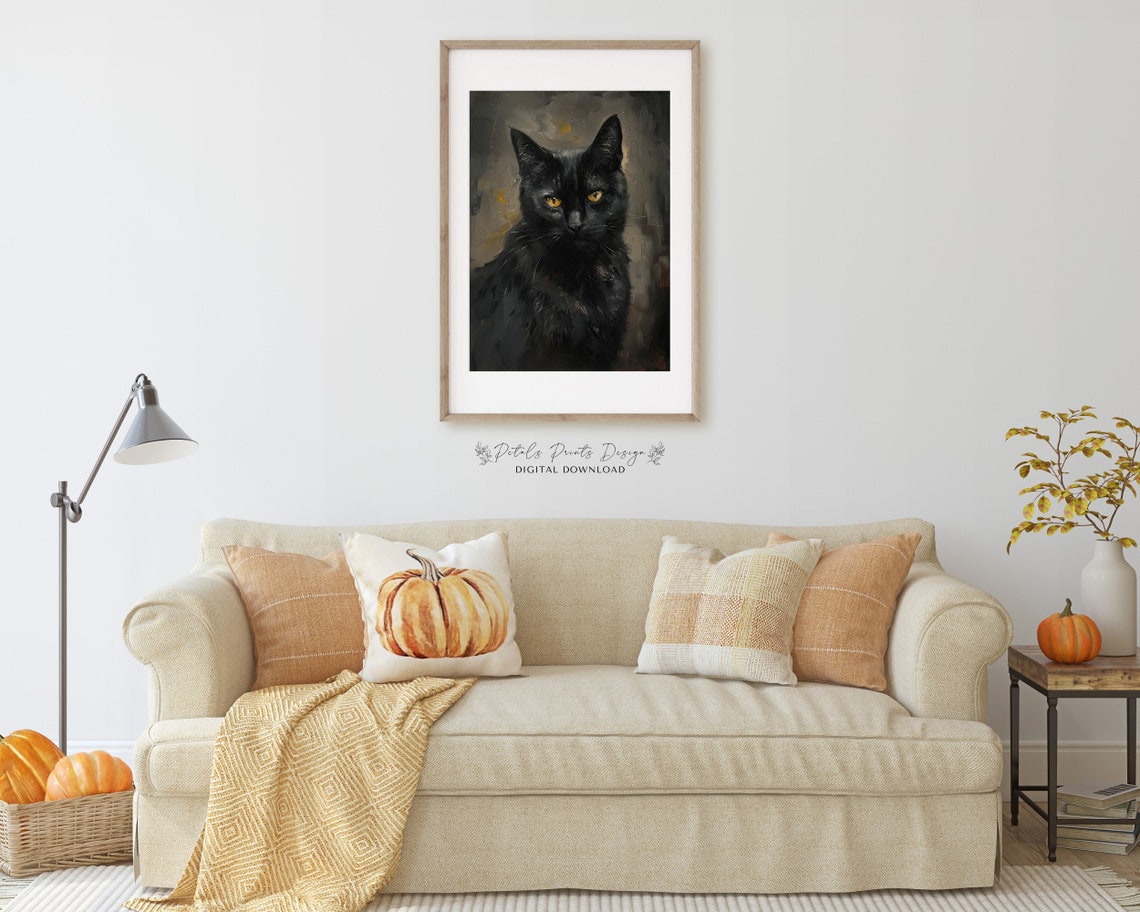 Black Cat Yellow Eyes Close Up Dark Portrait Gothic Art Print - Image 2