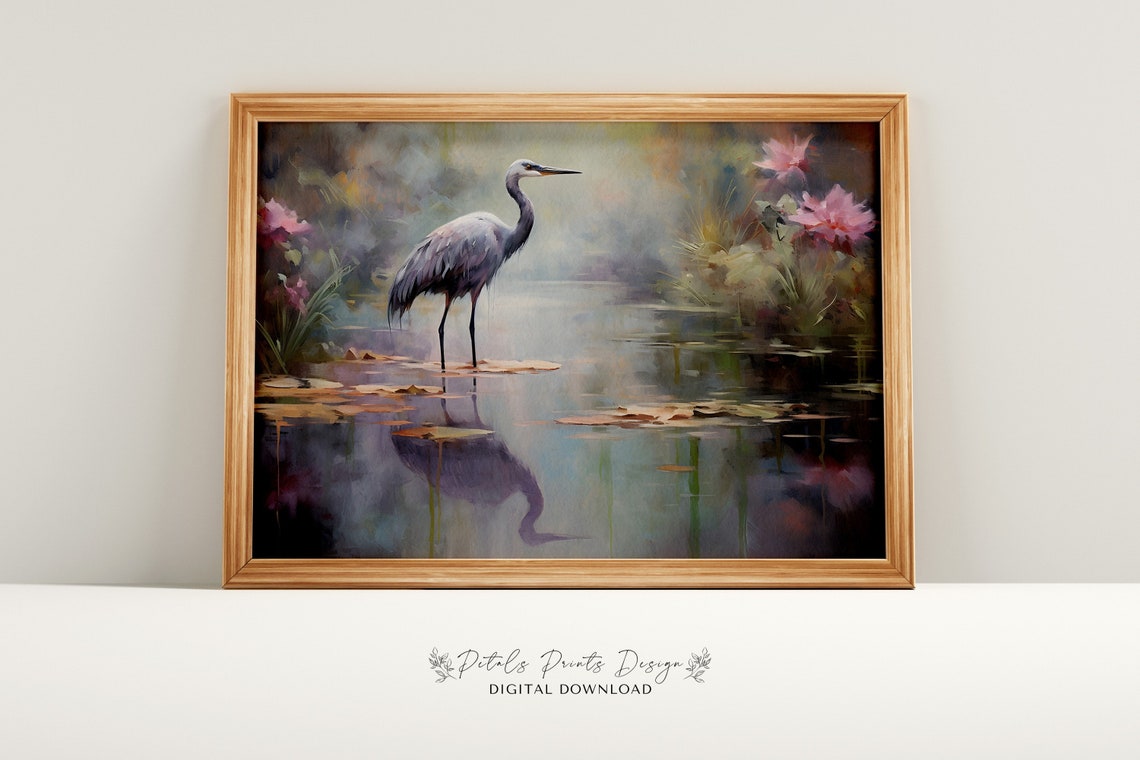 Heron Water Garden Art Vintage Oil Painting Cottagecore Wall Art Decor Farmhouse Print Garden Art Print 2024
