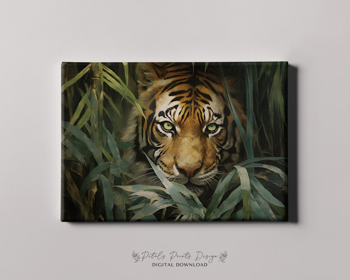 Tiger Staring Through Bamboo Leaves Moody Jungle Wildlife Poster - Image 4