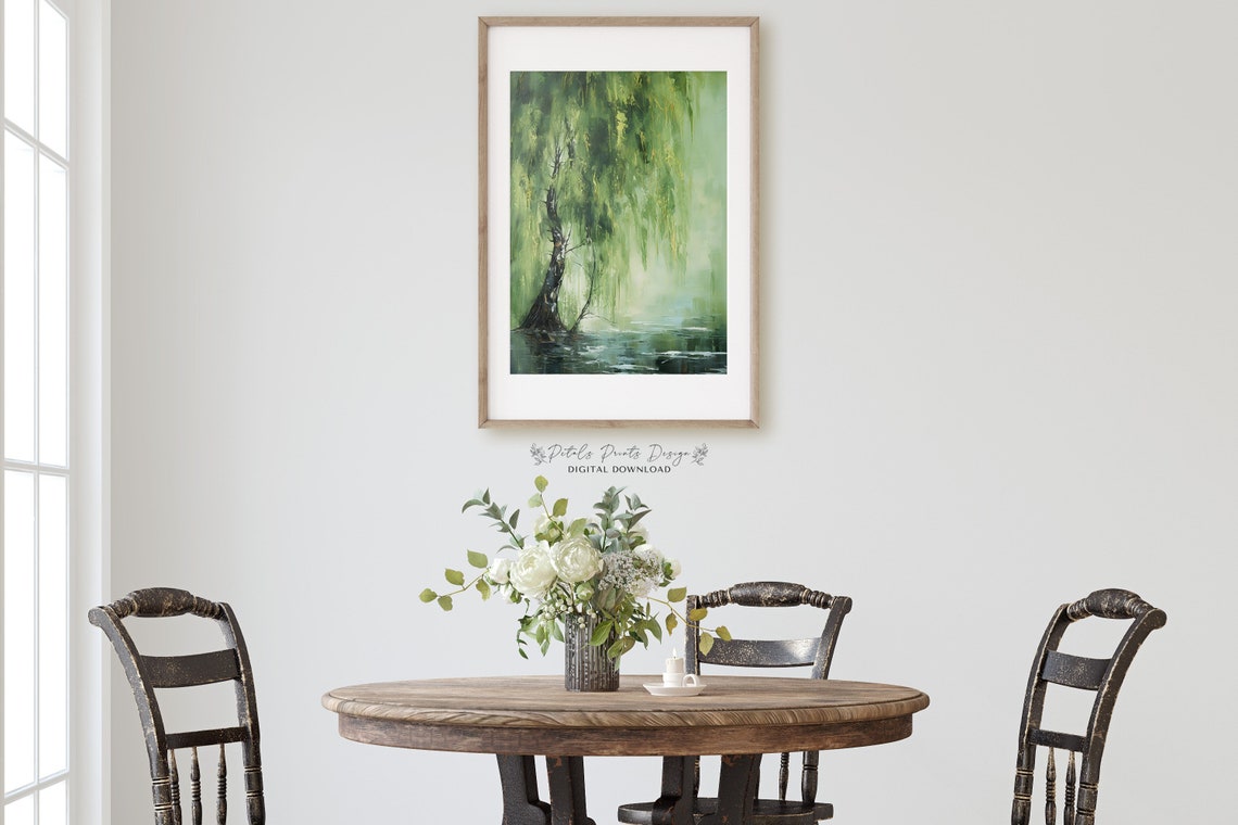 Weeping Willow Tree Over Water Green Impressionist Nature Poster - Image 2