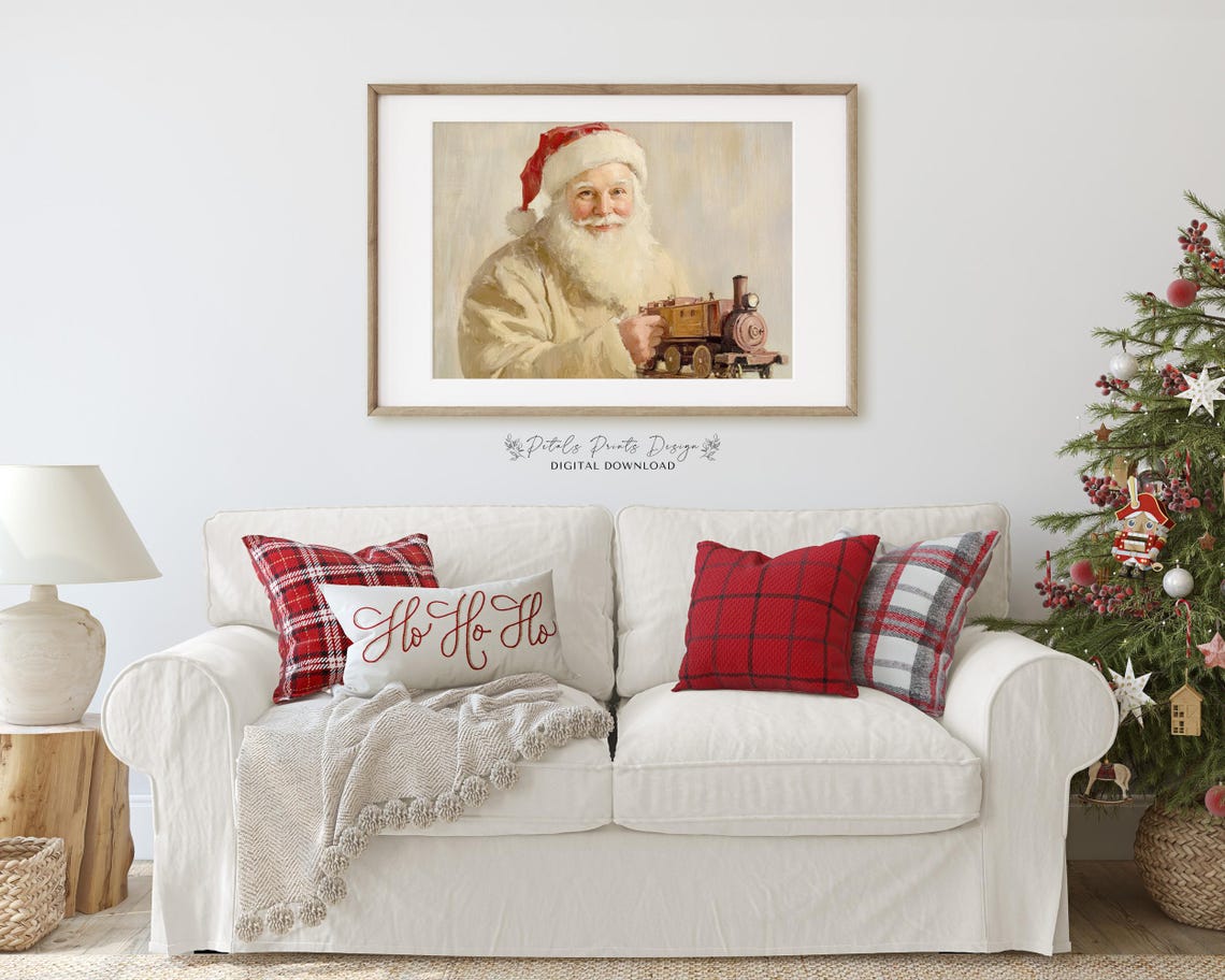Santa Claus Holding Toy Train in Warm Neutral Tones Vintage Art Poster - Image 2