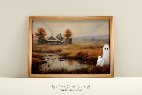Vintage Halloween Ghosts Art Print, Spooky Autumn Scene
