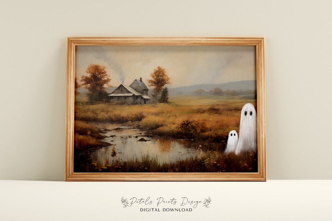 Vintage Halloween Ghosts Art Print, Spooky Autumn Scene