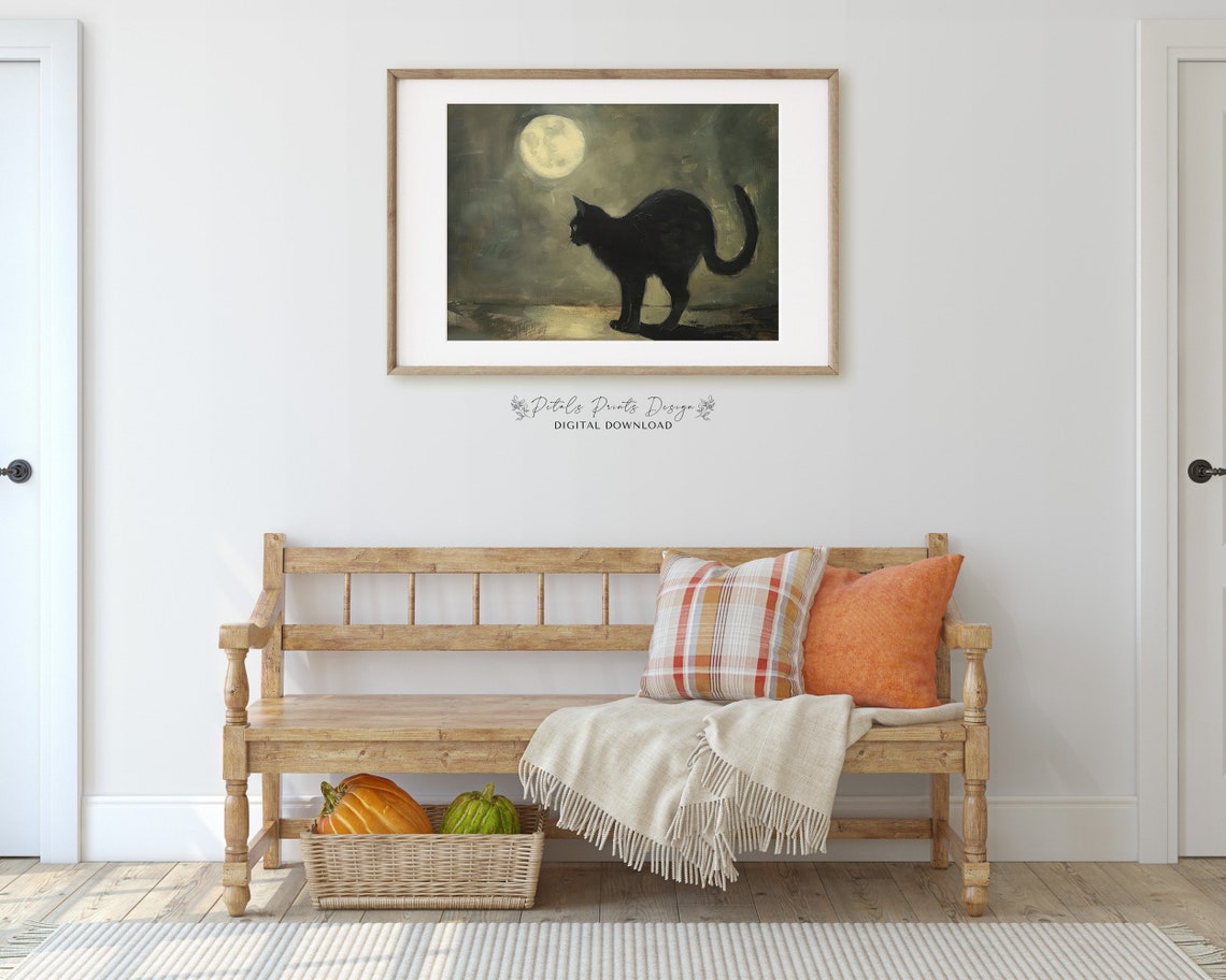 Black Cat Silhouette Under Full Moon Spooky Night Painting Poster - Image 2