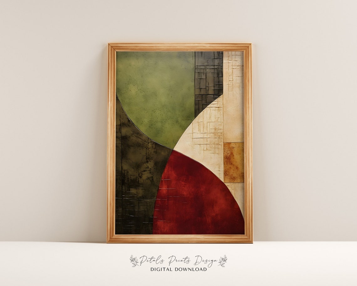 Olive Green Red Black Textured Arch Abstract Modern Art Poster