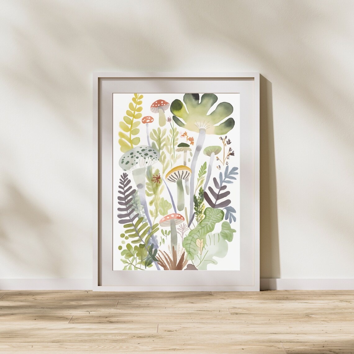 Watercolor Mushroom Fern Poster, Botanical Wall Art
