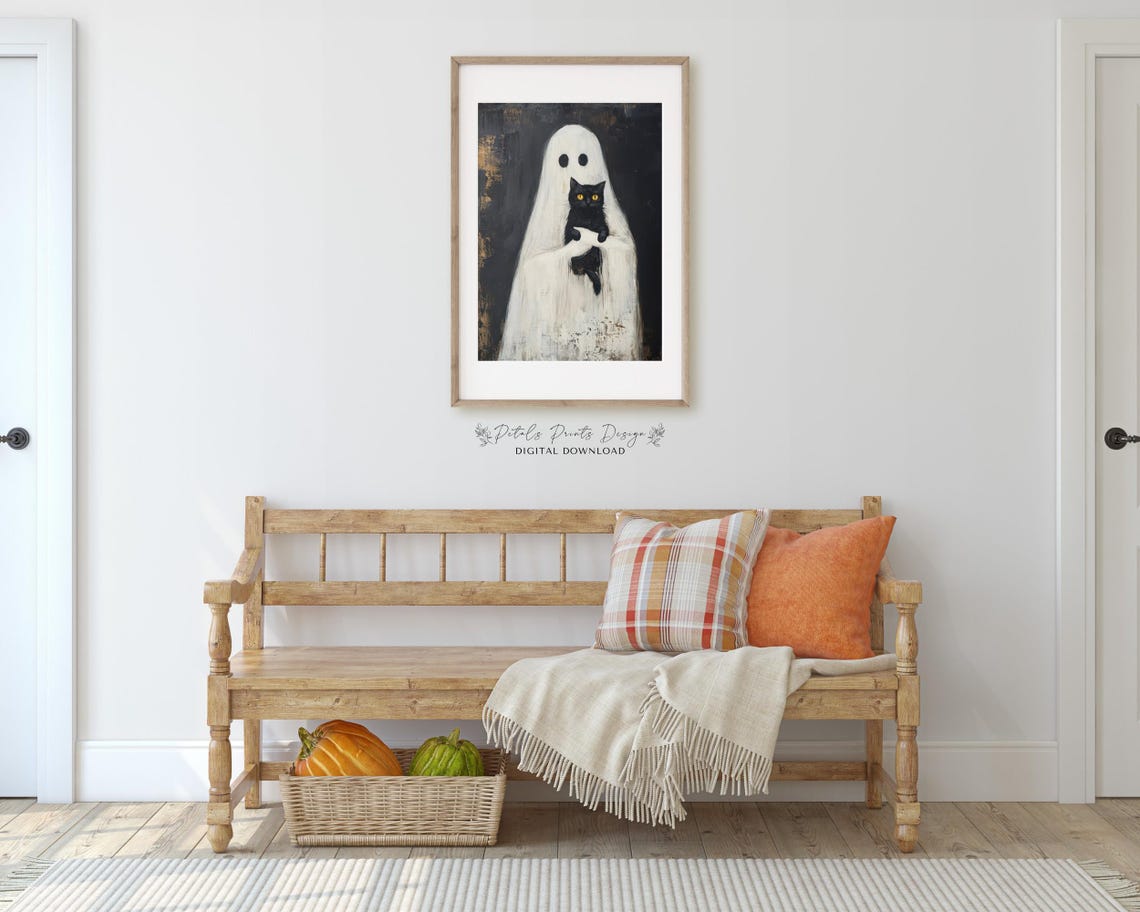 Cute Ghost Holding Black Cat Halloween Gothic Dark Oil Painting Poster - Image 3