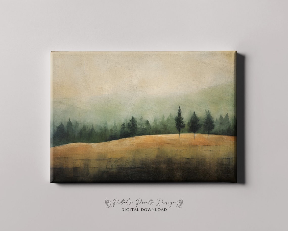Misty Evergreen Pines Golden Field Minimalist Foggy Landscape Poster - Image 4