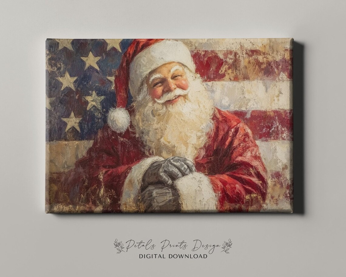 Patriot Santa Christmas Art Print, Rustic Vintage Holiday - Image 4