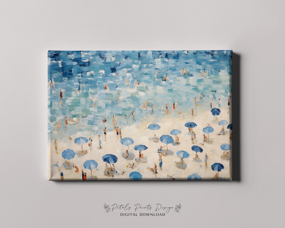 Crowded Summer Beach Swimmers Blue Umbrellas Ocean Art Poster - Image 4