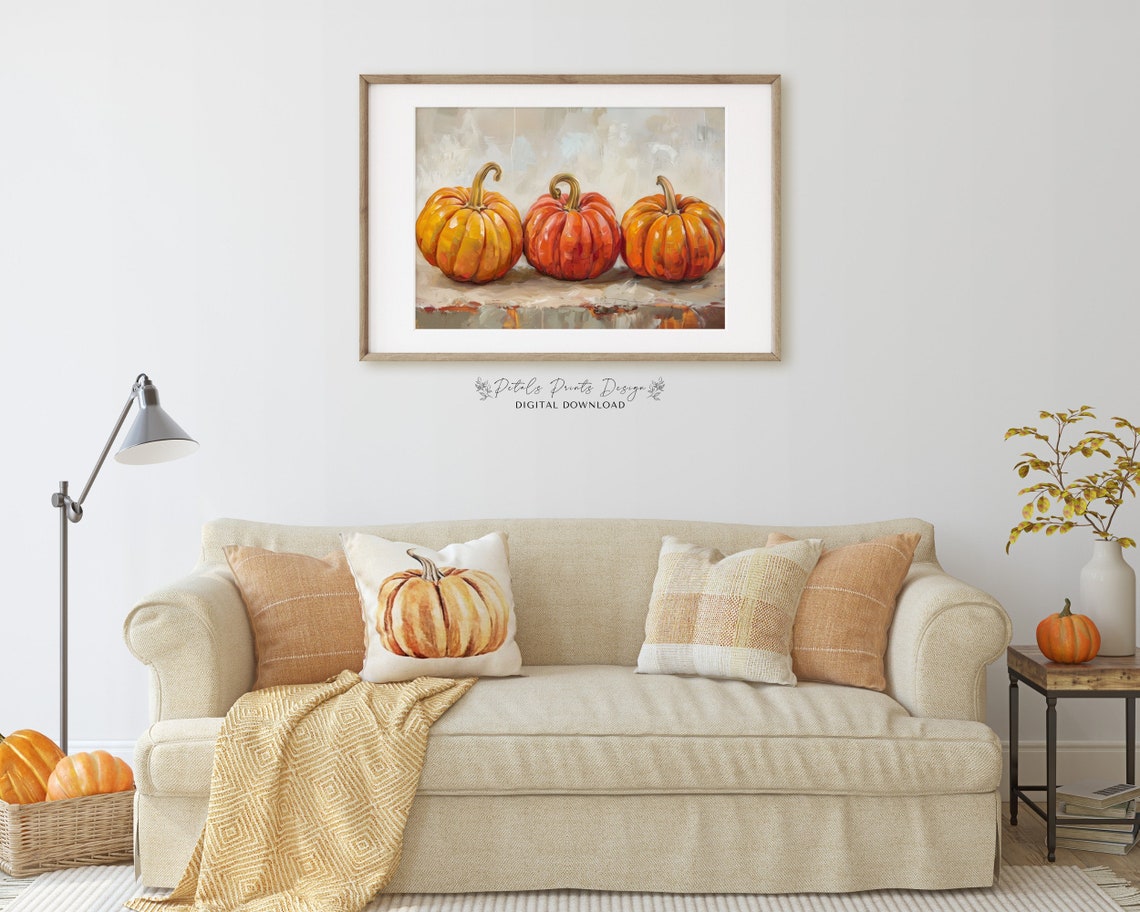 Vibrant Pumpkin Row Tall Stems Impasto Fall Still Life Art Print - Image 2