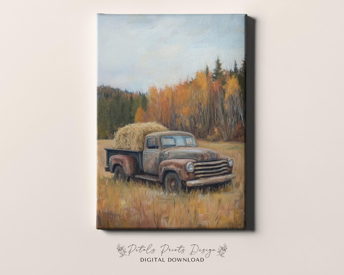 Vintage Farm Truck With Hay In Autumn Field Rustic Painting Poster - Image 4
