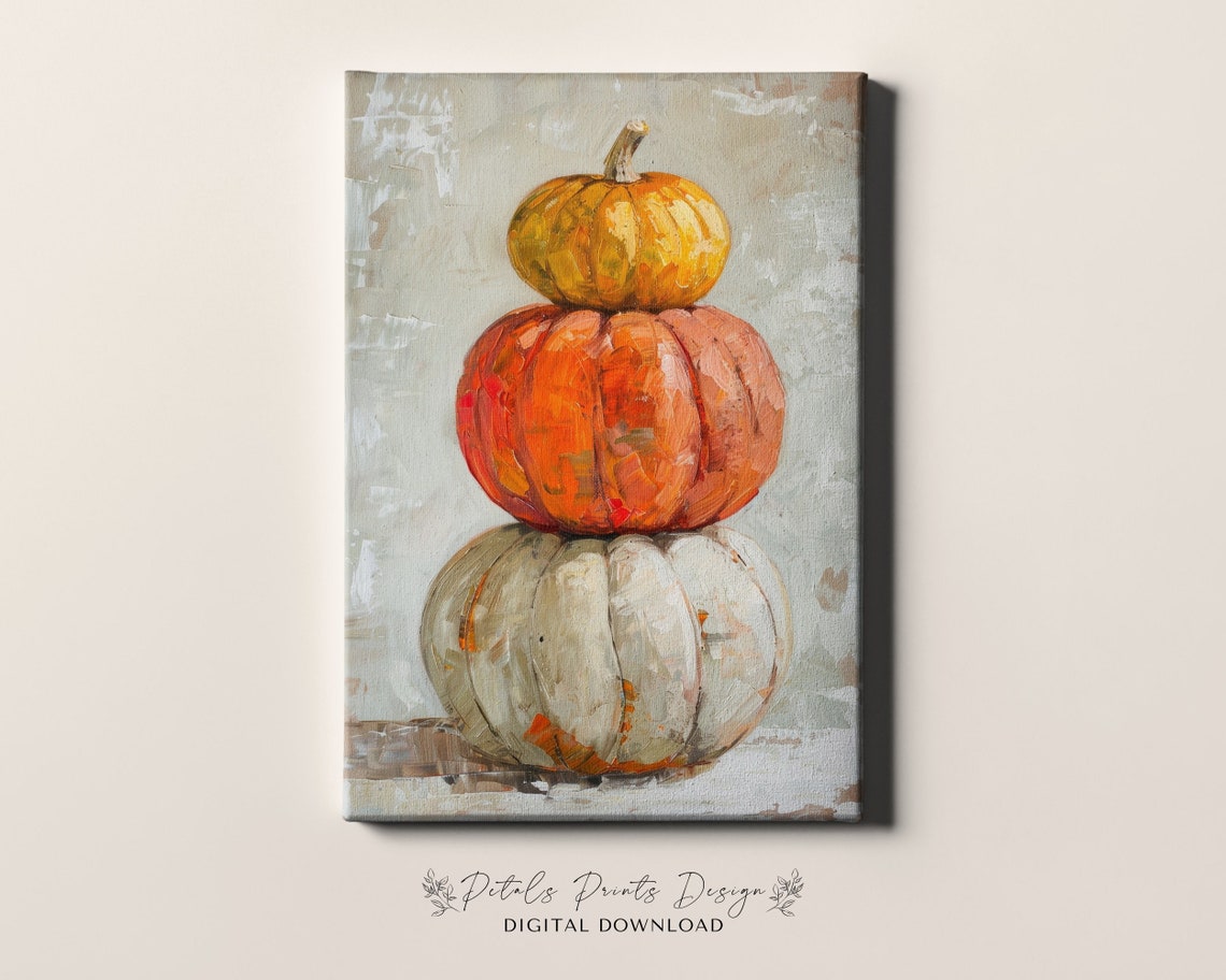 Stacked Pumpkin Tower Impasto Rustic Fall Harvest Decor Art Print - Image 4