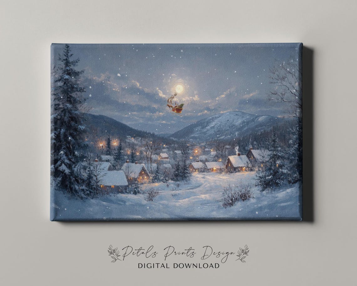 Santa Flying Over Snowy Village Night Moon Christmas Painting Poster - Image 4