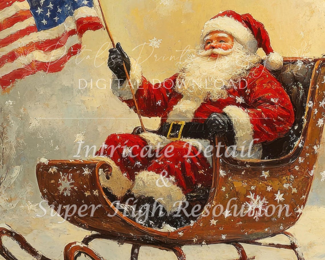 Santa Claus Waving American Flag from Sleigh in Snowstorm Art Poster - Image 3