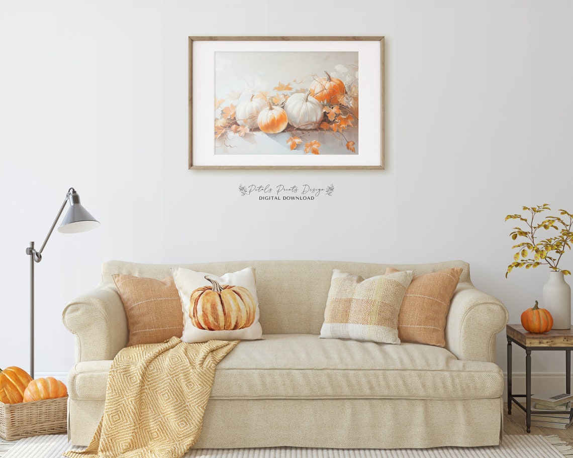 White Orange Pumpkins Vines Autumn Leaves Airy Fall Art Print - Image 3