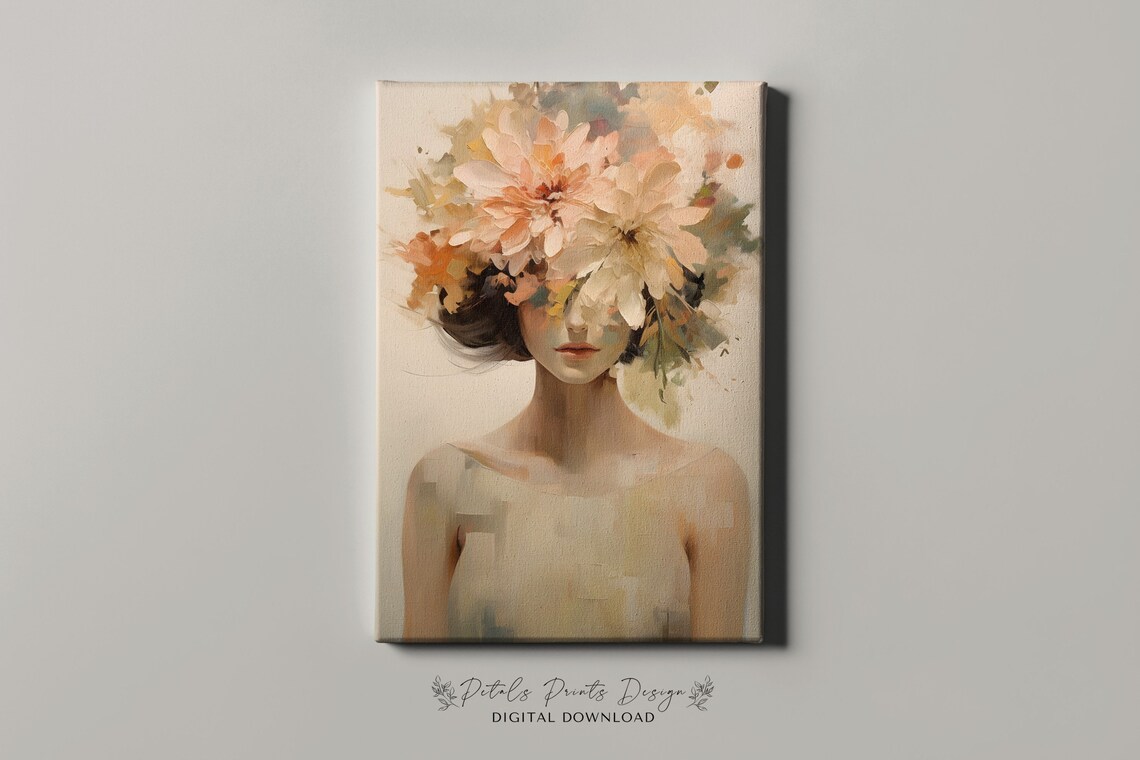 Woman Bust with Cream Flowers Covering Eyes Dreamy Floral Poster - Image 4
