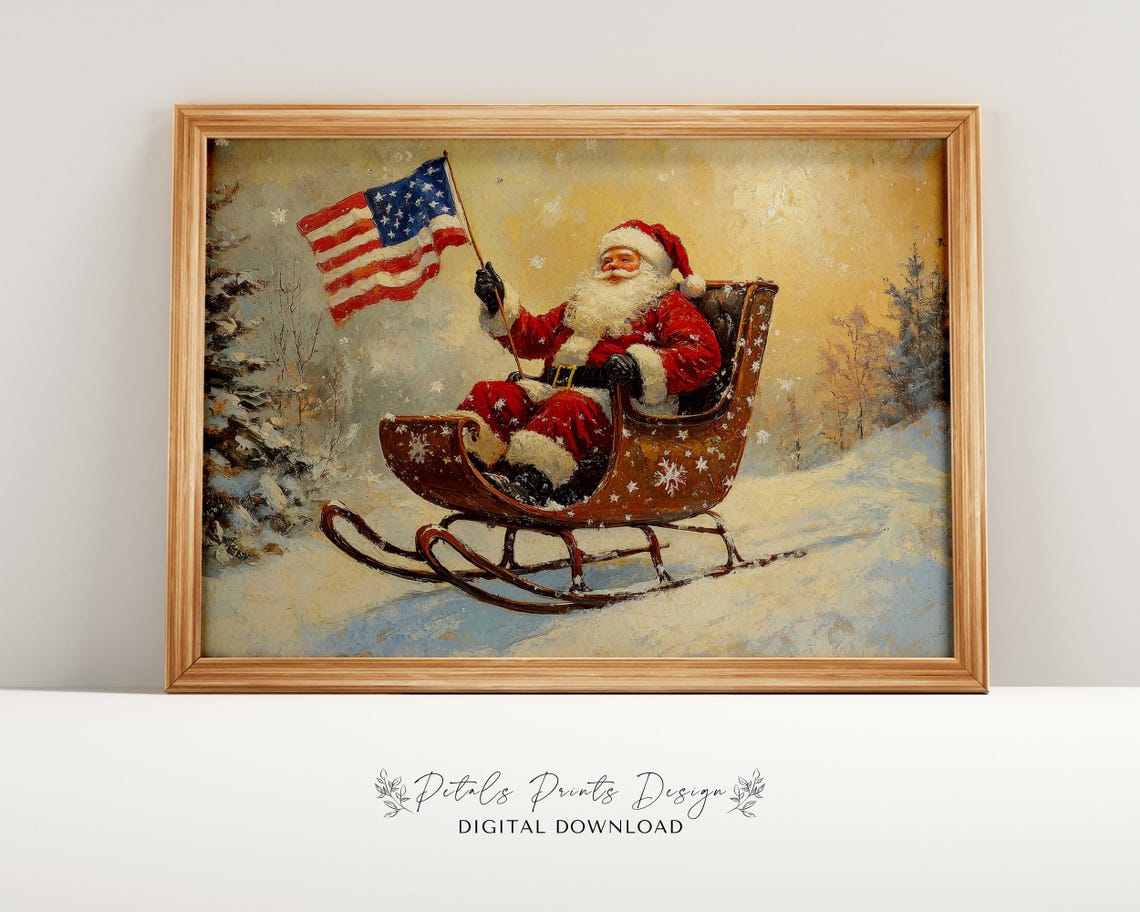 Santa Claus Waving American Flag from Sleigh in Snowstorm Art Poster
