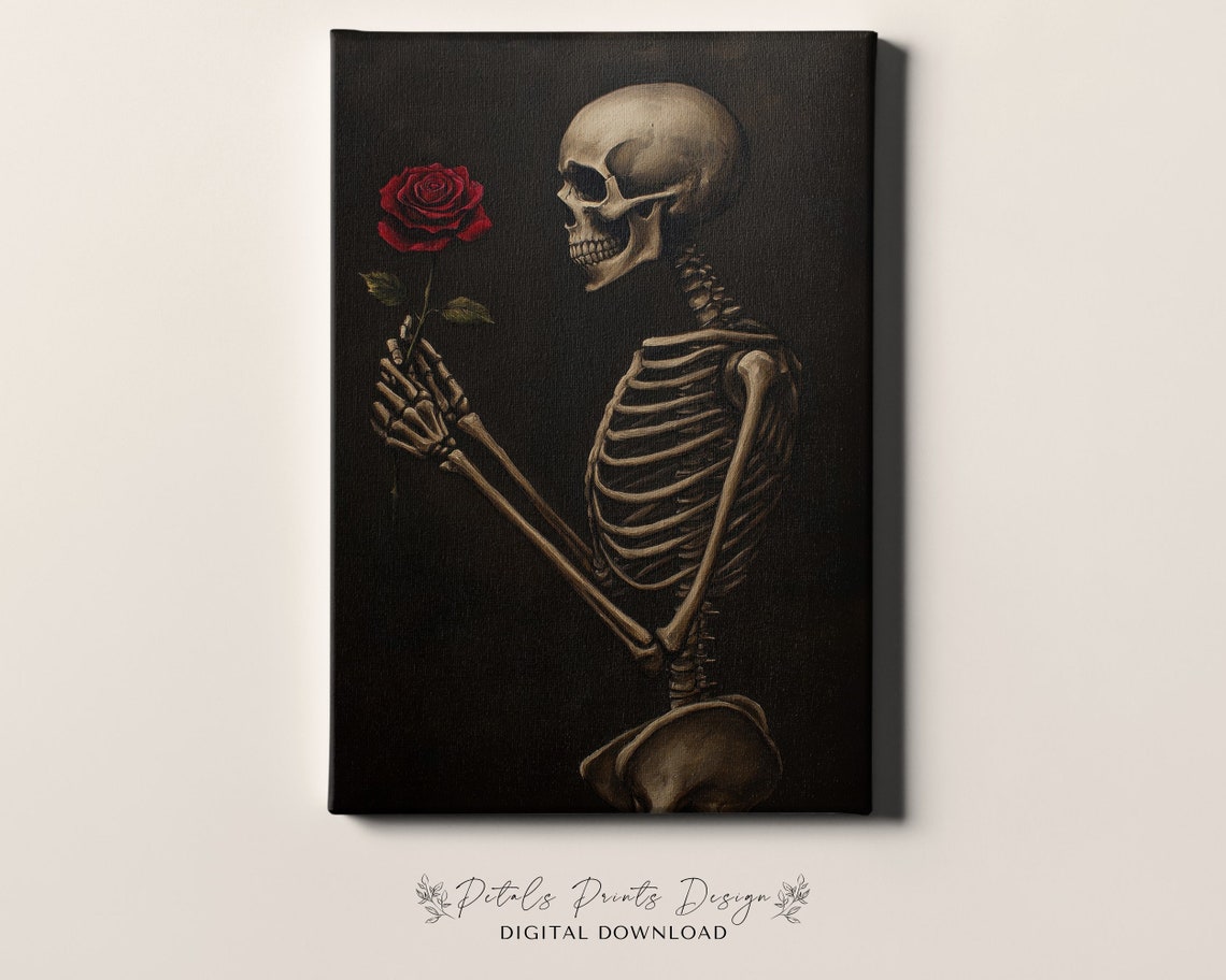 Skeleton Holding Red Rose Valentine Gothic Love Painting Poster - Image 4