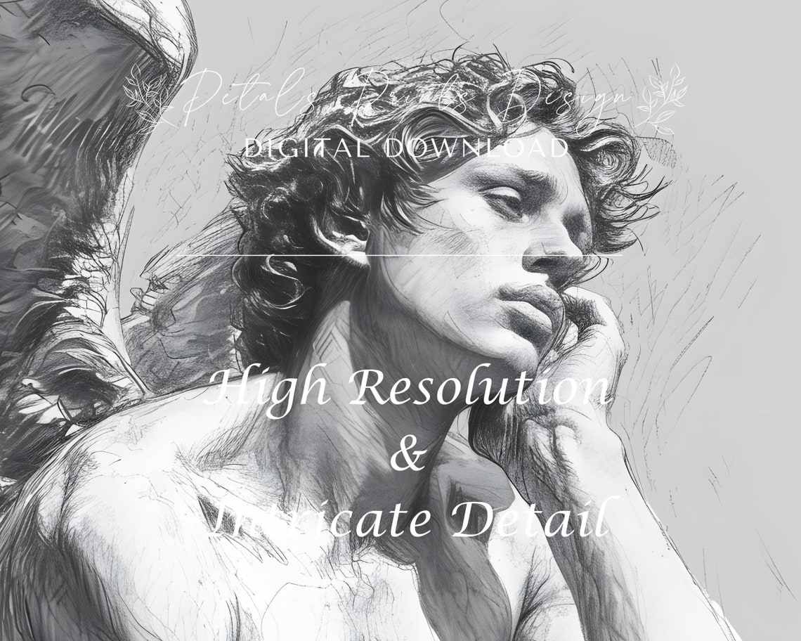 Pensive Angel Pencil Sketch Winged Figure Greyscale Drawing Poster - Image 3