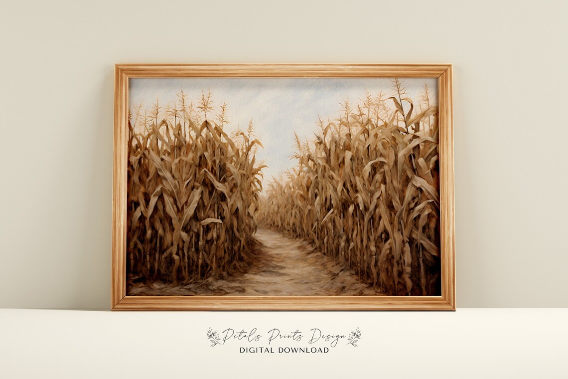 Fall Corn Field Still Life Painting Vintage Art Print