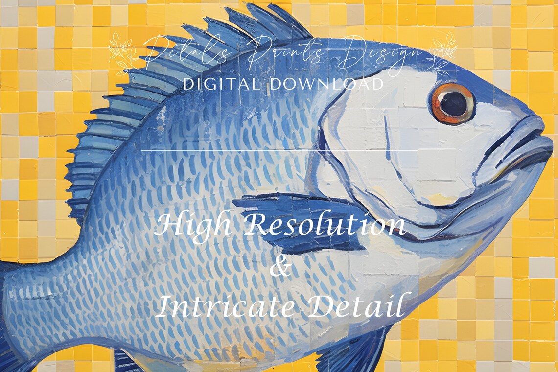 Blue Fish Yellow Mosaic Tile Background Portrait Ocean Art Poster - Image 3