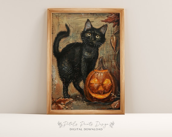 Black Cat With Jack O Lantern Vintage Halloween Painting Poster