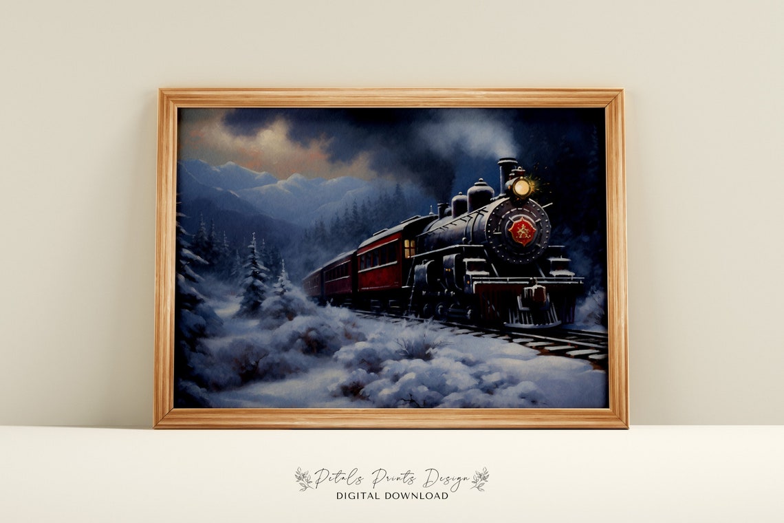 Vintage Steam Train Snowy Mountain Night Winter Landscape Poster
