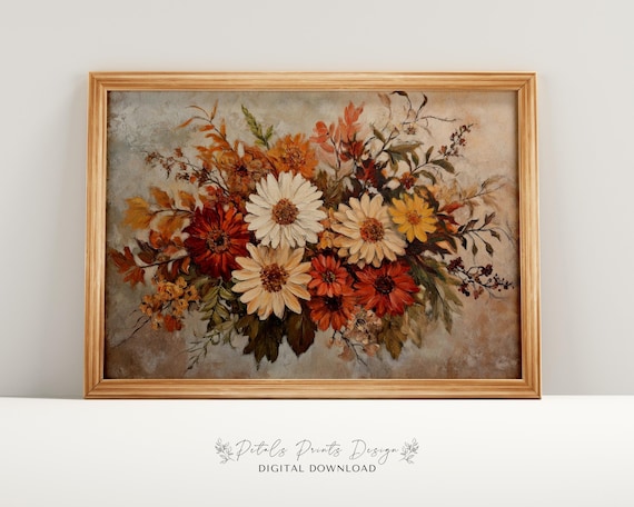 Autumn Floral Bouquet Vintage Oil Painting Fall Daisy Wall Art