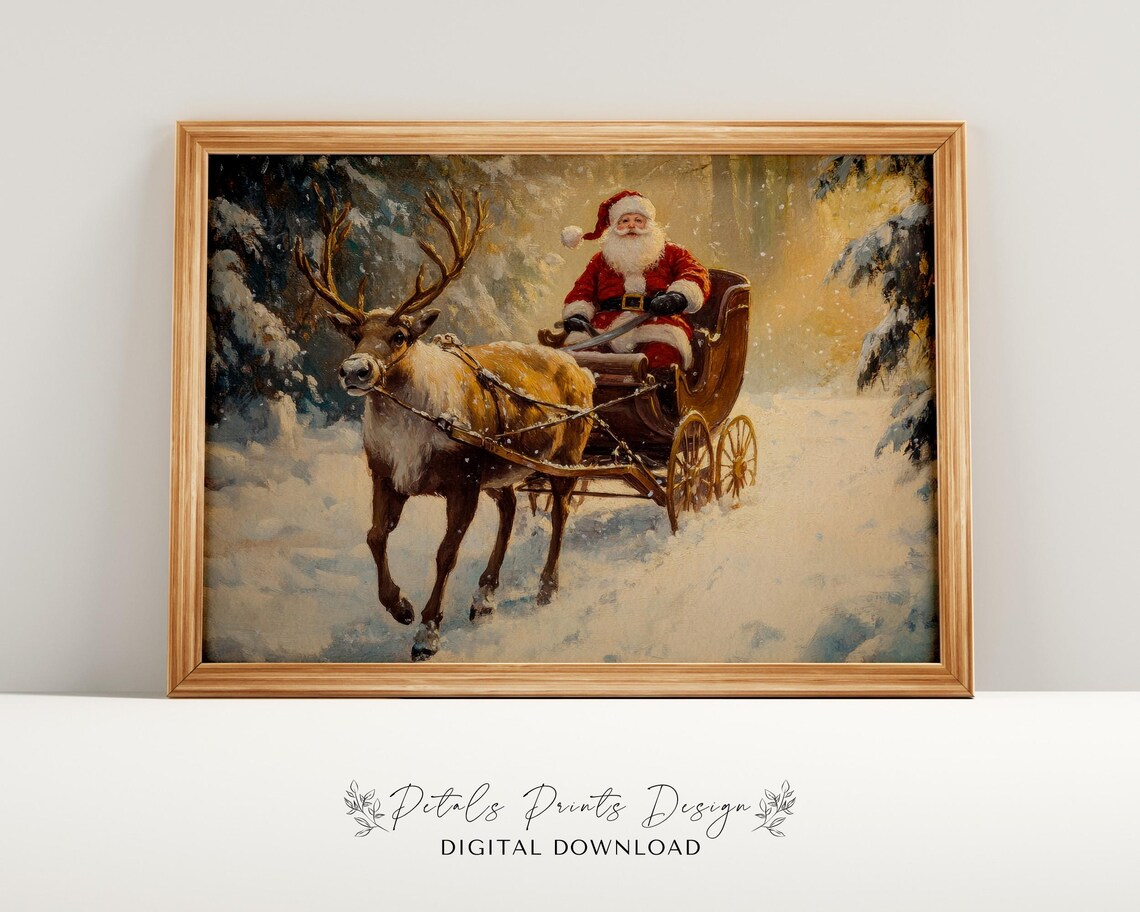 Santa Claus In Sleigh With Reindeer Snowy Christmas Painting Poster